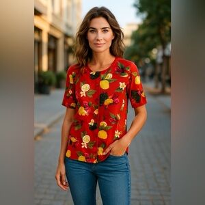 Christopher & Banks 100% Cotton Summer Sweater Womens M Red Short Sleeve Lemons